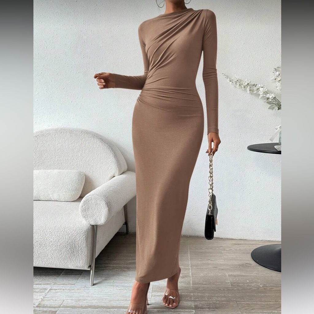 Elegant Khaki Long Sleeve Bodycon Maxi Dress